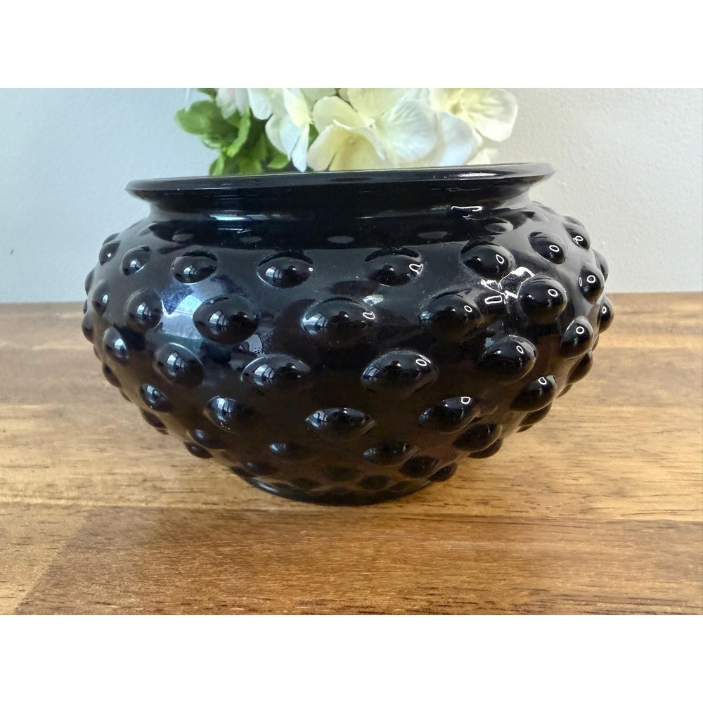 Vintage Black Amethyst Glass Hobnail Planter Bowl Depression Style Art Glass